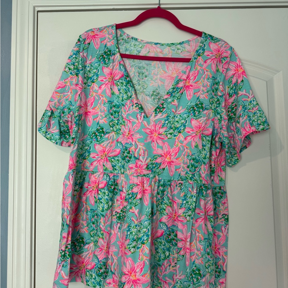 Lilly Pulitzer Floral V-Neck Peplum Top in Mint and Pink